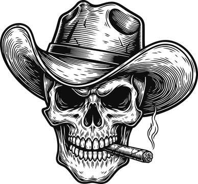skull with cowboy hat smoking cigar dark western outlaw design, vintage monochrome illustration