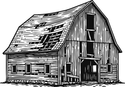 Rustic wooden barn with curved roof, vintage farm building illustration