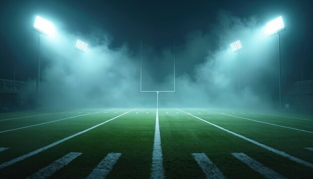 Empty american football field at night. Bright stadium lights shine through thick fog. Goalposts stand under dark sky. Dramatic atmosphere builds for game.