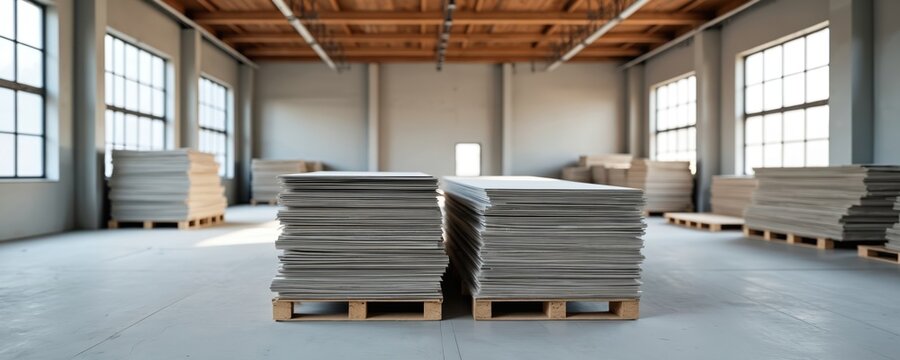 Stacks of drywall sheets rest on wooden pallets in a spacious, sunlit warehouse. Large windows illuminate the orderly material storage area, ready for construction projects.