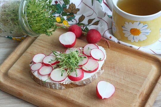 Slice of sourdough bread with slices of fresh radish on the cutting board. Decorated with lentil microgreens full of vitamins.