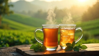 Two glass cups of tea sit on wooden table, one hot, steaming, other iced. Background shows blurred green tea plantation in sunlight, evoking calm morning vibes. Nature beverage contrast hot, cold.