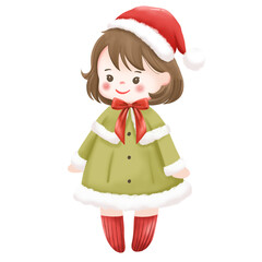 Adorable little girl in winter outfit with hot cocoa and Christmas elements