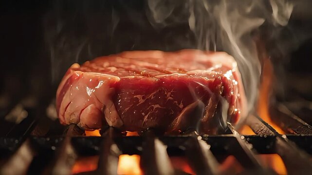 Raw juicy steak lowered onto a hot barbecue grill with flames underneath
