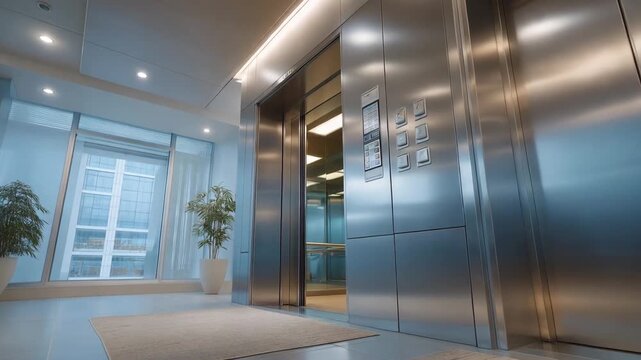 Modern elevator in the office building interior, clean stainless steel walls and control panel visible, expressing corporate infrastructure, vertical transportation, workplace efficiency, and daily