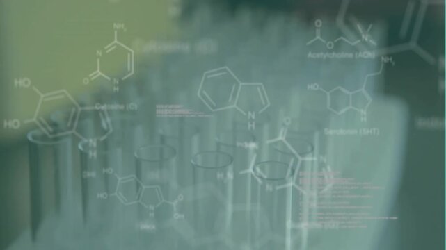 Animation of data processing and chemical formula over empty vials in lab
