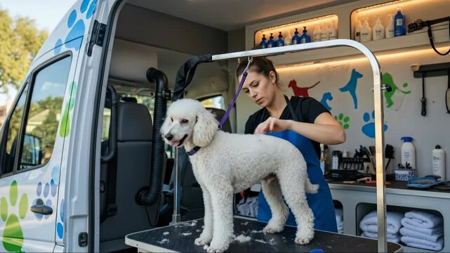 Mobile pet grooming in action: professional groomer tending to a dog with care
