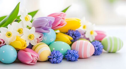 Fototapeta premium Colorful easter eggs and flowers arrangement on a white surface for spring