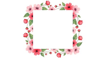 Obraz premium Watercolor floral border frame with pink roses and green leaves on white background for photo or text