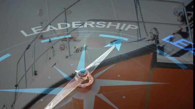Compass pointing to leadership animation over boat in harbor