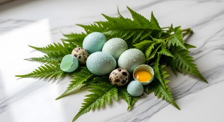 Obraz premium Robins blue eggs on green fern leaves on marble surface with one cracked open