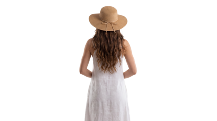 Woman in white dress and straw hat from behind isolated on transparent background