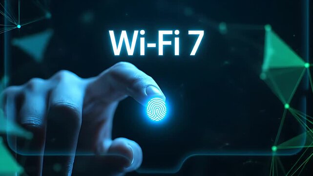 Activating next-generation wireless internet connectivity by touching a glowing biometric sensor interface displaying the prominent text "Wi-Fi 7" technology.