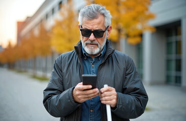 Fototapeta premium Mature man with gray hair wears sunglasses and uses phone with text-to-speech function. He holds cane, navigating urban street. Person experiences independence using modern assistive tech.
