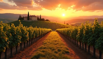 Obraz premium Expansive vineyard rows stretch towards Tuscan villa under warm golden sunset. Rolling hills cradle green grapevines, bathed in soft evening light. Agricultural landscape evokes peace, rustic charm.