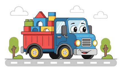 Fototapeta premium Smiling cartoon truck with colorful blocks.
