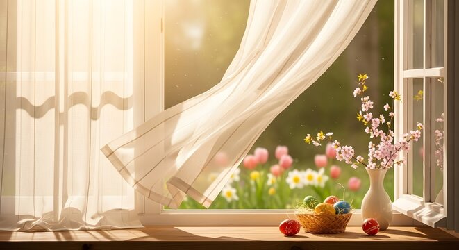 Beautiful sunny window with flowers and fruits on the sill isolated on white background