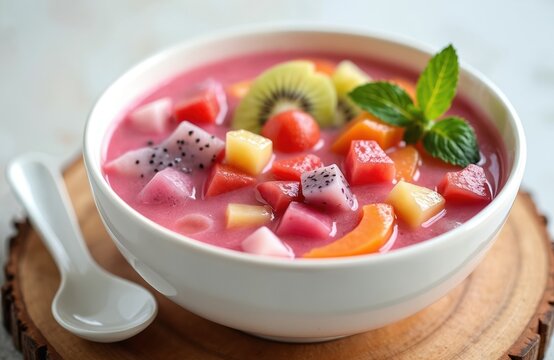 Bowl of es buah contains diced tropical fruits like dragon fruit kiwi papaya, watermelon in sweet pink syrup with ice cubes. Fresh mint leaf garnishes dessert. Refreshing cold Indonesian fruit