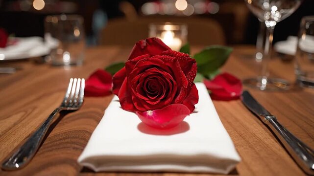 Romantic dinner setting with red rose on table with silverware