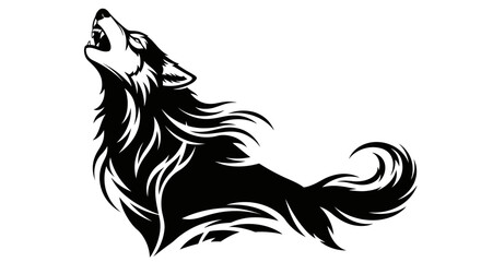 Powerful stylized black wolf howling against a white background, embodying wilderness spirit and primal strength through intricate graphic design