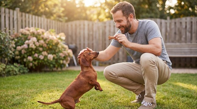 Man giving treat to dog while smiling in backyard during sunset  