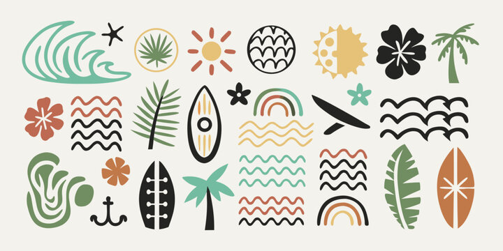 A colorful collection of stylized tropical elements and summer wave patterns
