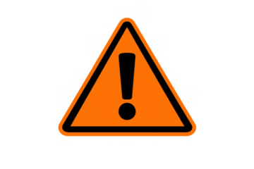 Orange triangular sign indicating warning, danger, or caution using an exclamation mark symbol. Transparent background
