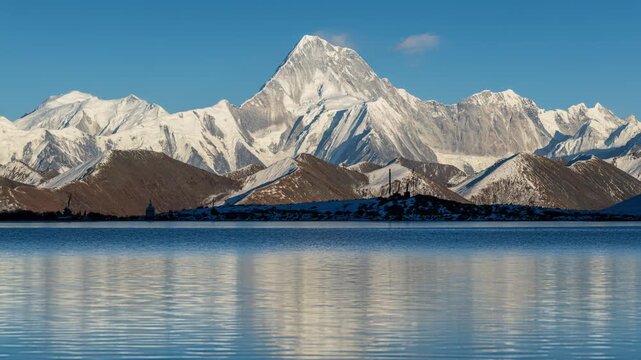 Golden hour of Mount Gongga with Alpine Lake Reflection