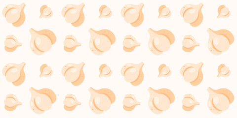 Vibrant seamless pattern with garlic on white background.  Repeated pattern with veggies.Flat cartoon style. Background for design, fabric,  textile, cooking decorations, decor, wrapping paper. Vector