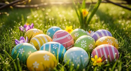 Fototapeta premium Colorful easter eggs with floral patterns on grass outdoors in springtime