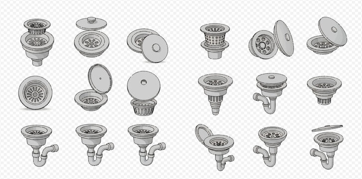 Set of realistic vector illustrations of various kitchen sink drain strainers and plumbing pipes isolated on transparent background.