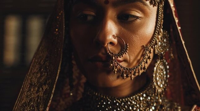 Indian Bride Adorned in Golden Traditional Jewelry and Dupatta