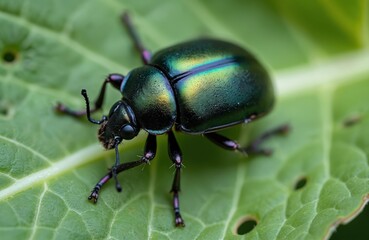 Fototapeta premium Emerald green beetle with iridescent shell crawls on green leaf surface. Macro shot reveals insect body details on plant. Small creature in natural habitat, possibly garden or field.