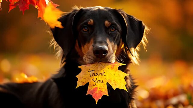 Adorable black and tan mixed breed dog holds a vibrant yellow maple leaf inscribed with a heartfelt "Thank You" message during a beautiful autumn setting