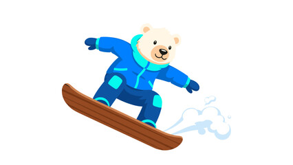 Cute polar bear snowboarding in a blue winter suit on a snowy day