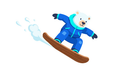 Cute polar bear snowboarding in winter gear on a snowy adventure