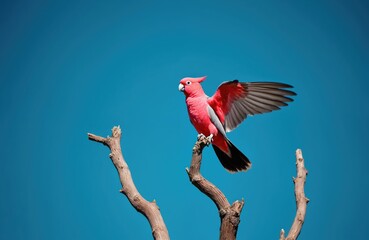 Pink Galah parrot perched on dry tree branch against clear blue sky. Bird spreads wings showing grey flight feathers. It is native to Australia.