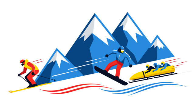 Winter sports adventure with skiing, snowboarding, and bobsledding in mountain landscape