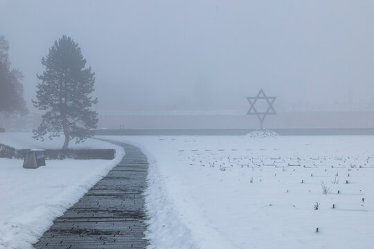 Holocaust memorial Terezin during a winter fog