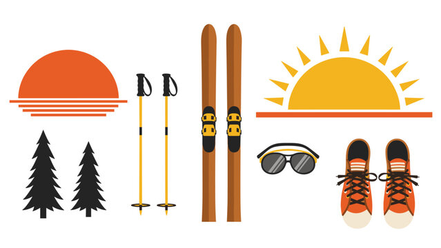 Colorful skiing equipment and nature elements with sun and trees