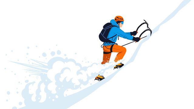 Climber ascending snowy mountain with ice picks in dynamic winter adventure scene