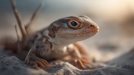 Fototapeta premium A lizard is laying on the sand, looking up at the camera