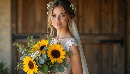 Obraz premium Beautiful bride with sunflower bouquet smiles gently. Woman wears lace dress and floral crown, holding blossoms. Rustic wooden door background in soft light. Happy wedding day scene.