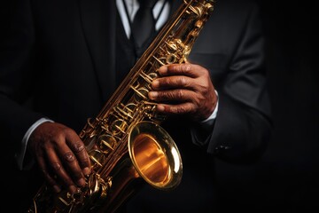 Naklejka premium Close-up of a person in a suit holding a shiny gold-colored musical instrument