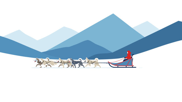 Sled dogs racing through snowy mountain landscape in minimal design