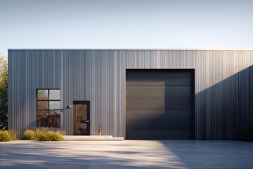 Obraz premium Modern industrial building with corrugated metal facade and large garage door.