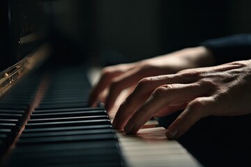 Fototapeta premium A close-up showcases a pianist's hands gracefully playing a black and white keyboard