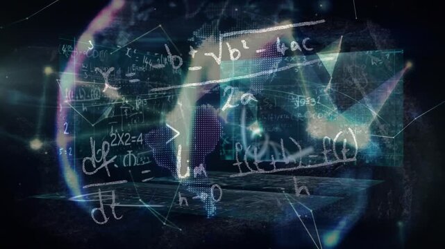 Animation of rotating globe and math formulas on black background