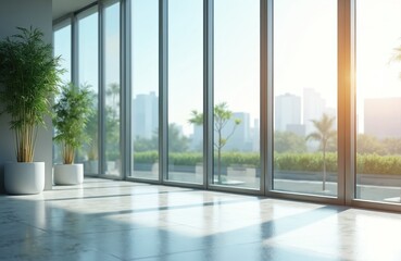 Obraz premium Bright office interior with large glass windows overlooks a city skyline with green plants. Sunlight reflects on a polished floor creating a calm ambiance and modern aesthetic for business.