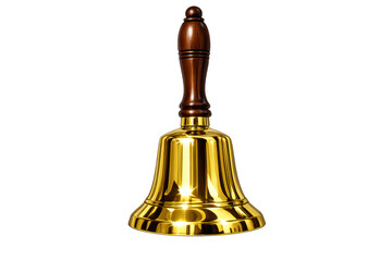 Handbell made of shiny brass with a classic wooden handle, standing upright on a transparent background, ringing alert